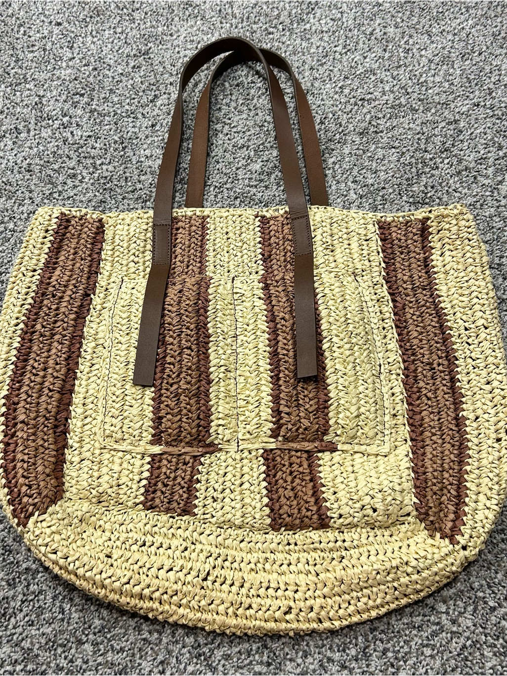 J. Jill Straw Tote Striped Leather Handle Large Beach Bag Market Purse Brown Tan